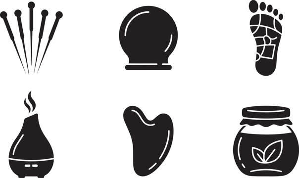 Modern Holistic and Alternative Medicine Vector Icon Set: Acupuncture, Cupping Therapy, Reflexology, Oil Diffuser, Gua Sha, and Herbal Medicine Jars