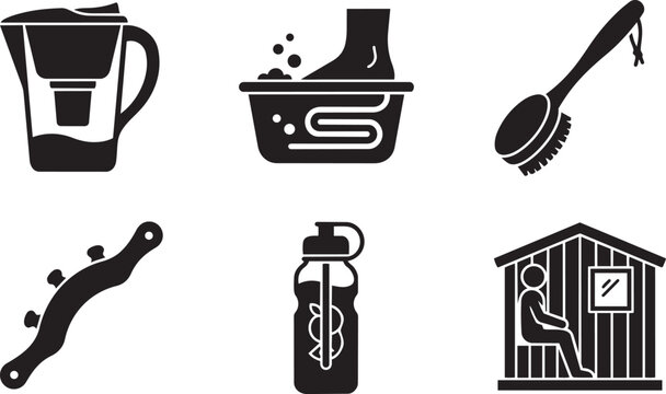 Detox and Lymphatic Health Vector Icon Set: Alkaline Water Pitcher, Ionic Foot Spa, Dry Brush, Lymphatic Paddle, and Infrared Sauna Silhouettes
