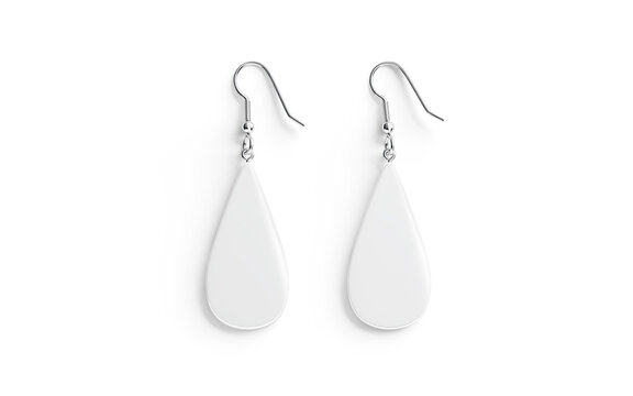 Blank white drop earring pair mockup lying png, transparent background, 3d rendering. Empty earrings hoops for female boho accessory mock up cut out. Clear stone elegance jewellery pendant template.