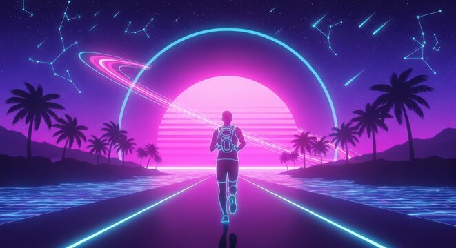 Retro runner on neon road to sunset