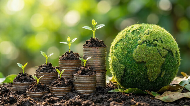 Energy saving corporate growth on coin stack with young plant and green earth ball outdoors sunlight bokeh background