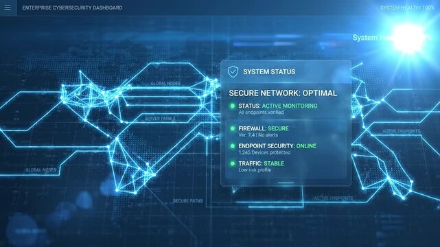 Enterprise cybersecurity dashboard system network security monitoring firewall endpoint traffic global nodes server farm paths active stable online protected digital technology connection ensuring