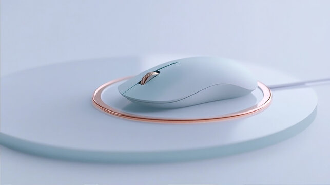 Sleek minimalist light blue computer mouse on a circular wireless charging pad with metallic copper accents against a clean bright studio background