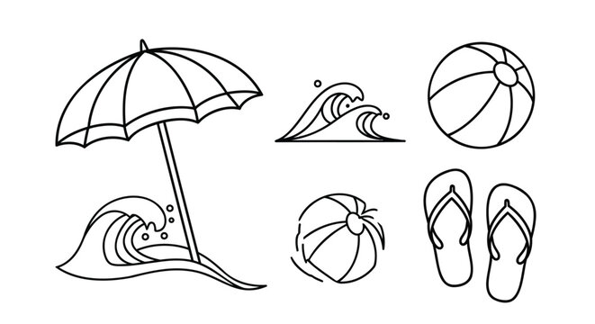 Set of 6 beach icons vector, including umbrella, waves, beach ball, flip flops