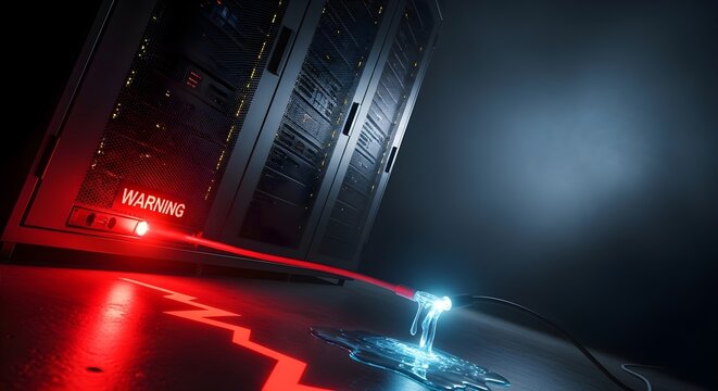 Severed Fiber Optic Cable and Flashing Red Server Light, Cyber Attack and Data Breach Concept