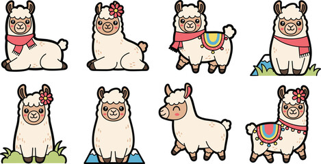 Fototapeta premium Cute llama alpaca cartoon collection with scarves flowers and decorations adorable Andean animals vector illustration set