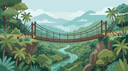 Fototapeta premium A scenic vector illustration of a rope suspension bridge over a lush jungle river, with tropical trees and distant mountains creating an adventurous landscape.