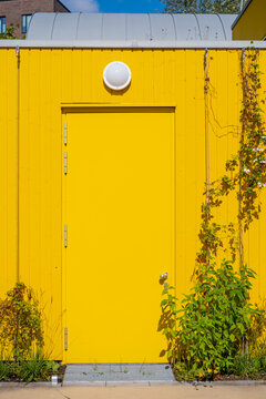 Urban architecture facade with a yellow door and minimal color contrast plus plants creating an abstract exterior background for modern design