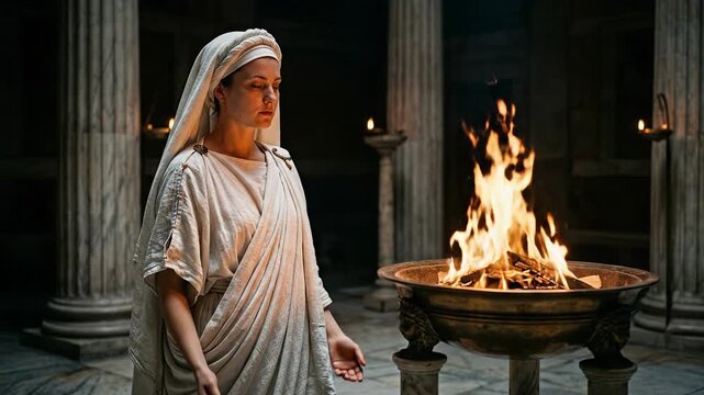 Vestal Virgin Priestess Standing Beside Sacred Eternal Flame Inside Ancient Roman Temple White Robes Columns Ritual Fire Devotion Purity Religion