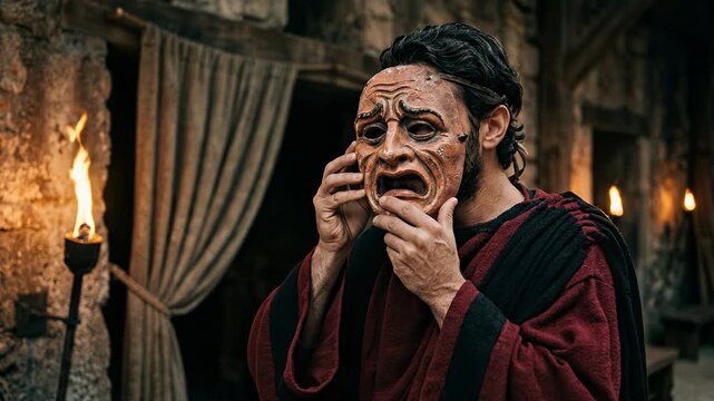 Greek Theater Actor Backstage Holding Painted Tragedy Mask at Chest Height Dramatic Expression Ancient Drama Performance Art Classical Heritage