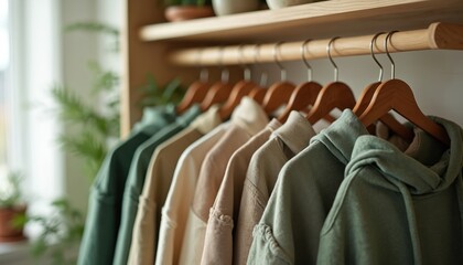 Obraz premium Neutral toned hoodies hang on wooden hangers in a minimalist closet. Soft, cozy apparel made from sustainable fabrics like linen and bamboo fiber. Eco friendly fashion choice for casual wear.