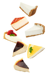 Pieces of different yummy cheesecakes falling on white background