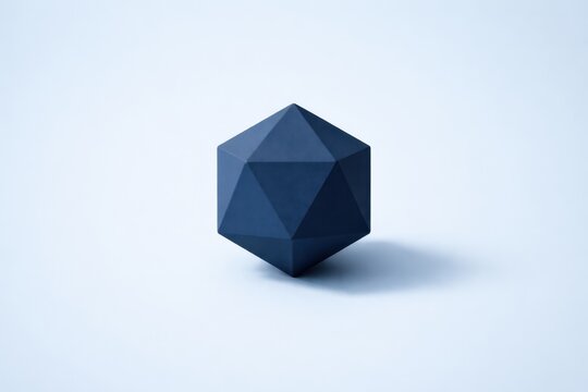 Minimalist dark blue icosahedron geometric shape casting a soft shadow on a light background