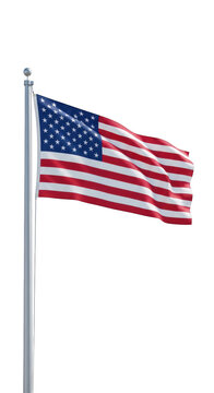 American flag waving on a silver pole isolated on transparent background