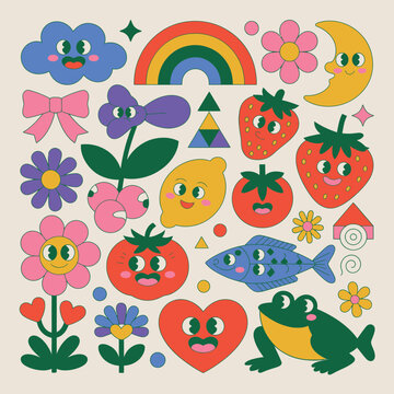 Whimsical characters: happy clouds, rainbow, moon, heart, frog, fish, fruits
