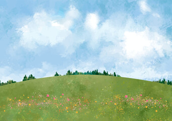 木, 風景, 自然, 空, ベクター, イラスト, 牧草地, デザイン, 丘, 水彩, 青空, 春, 夏, 草原, ナチュラル, 草, 緑, リーフ, 青春, 卒業式, 入学式, 爽やか, バックグラウンド, 大木, 葉 © okaka08