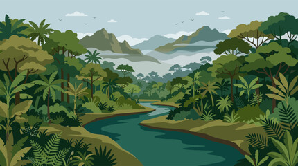 Fototapeta premium A flat vector illustration of a serene river flowing through a lush green tropical jungle, with misty mountains in the distance.