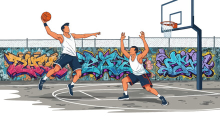 Two men playing basketball on a court with graffiti wall © Ganjar