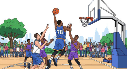 Basketball players jump for a slam dunk during an outdoor game with spectators watching. © Ganjar