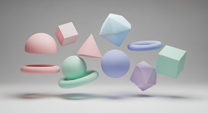 Abstract Floating Geometric Shapes Still Life Pastel Colors Design Background Concept Illustration Digital Art 3D Rendering for Modern Design