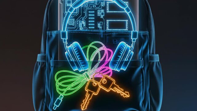 Backpack x-ray scan revealing headphones, circuit board, keys and colorful cables, green laser alignment cross, neon false color imaging, PCB and motherboard outlines, closeup tech detail,