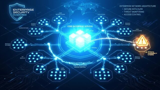 Enterprise security overview featuring core servers, network architecture, access points, user workstations, branch offices, secure data flow, threat monitoring, access control, and potential