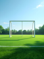 Fototapeta premium Soccer goal on green field under blue sky