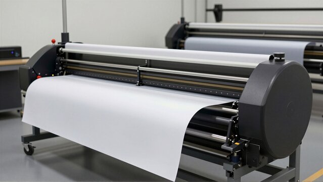 Industrial wide format laminator machine with a blank white roll of paper in a professional workshop. This digital printing equipment is used for high-quality signage production