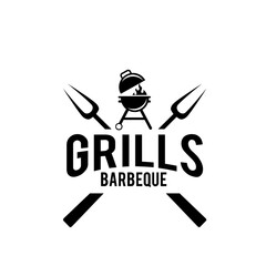 Fototapeta premium Grills Barbecue Logo Design with Grill Icon, Flames, and Crossed BBQ Forks
