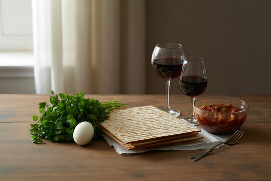 Passover Seder table setting, matzo, wine glasses, charoset, parsley, egg, traditional Jewish holiday meal