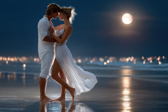 Couple sharing a romantic moment on the beach under a full moon at night