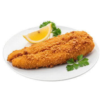Golden fried fish fillet served with a dollop of lemon aioli on a white plate