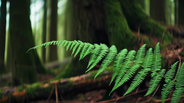 Close-up of a vibrant green fern frond amidst a damp forest floor, with blurred tree trunks and moss in the background