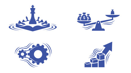 Fototapeta premium Professional blue business icons depicting fallen chess pieces balance scales with money bags rotating gears and rising block chart arrows