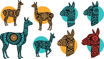 Fototapeta premium Decorative llama alpaca vector set with floral ethnic patterns, colorful stylized animal illustrations and modern ornamental design collection