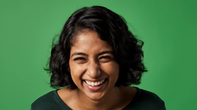 Woman laughing joyfully with green backdrop.