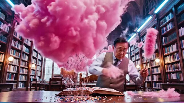 A man in a library reaches for a large pink cloud hovering above an open book on a wooden table surrounded by bookshelves