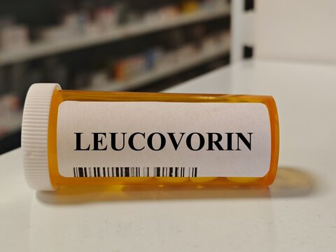 Box of LEUCOVORIN 5mg tablets on a hospital pharmacy table used to reduce methotrexate toxicity a folinic acid supplement.