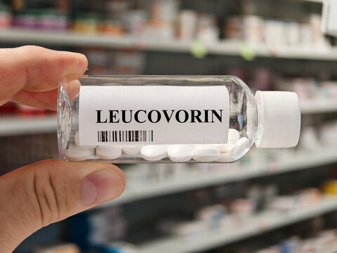 Box of LEUCOVORIN 5mg tablets on a hospital pharmacy table used to reduce methotrexate toxicity a folinic acid supplement.