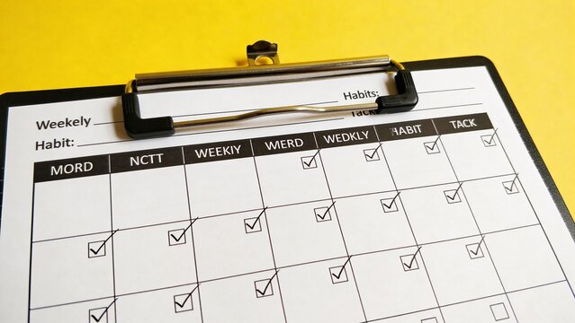 Close-up of a weekly habit tracker checklist on a clipboard with checked boxes against a yellow background