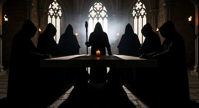 Shadowy silhouette of a mysterious unknown secret society gathering in a moody ritualistic atmosphere, enigmatic figure shrouded in deep shadow and cultist mystic intrigue.