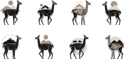 Fototapeta premium Geometric llama alpaca vector set with modern polygonal design, mountain landscape elements and stylized Andean animal illustrations collection