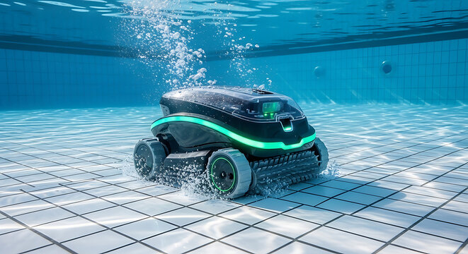 Automatic robotic pool cleaner submerged underwater scrubbing blue tiled swimming pool floor with advanced vacuum technology for efficient maintenance and crystal clear water filtration.
