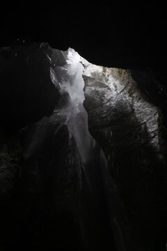 waterfall viewpoint with metal railing underground cave cascate del varone trentino alto adige italy