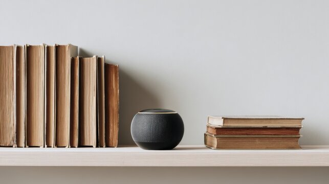 Compact black speaker shelf near books, lowprofile speaker nestled beside row of wellworn hardcovers and small stack, warm tones and soft shadows create classic study feel with gentle background
