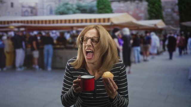 Woman blonde wearing glasses holding red mug and muffin, mouth wide open in a loud shout at a street market crowded with stalls and people; surprise.