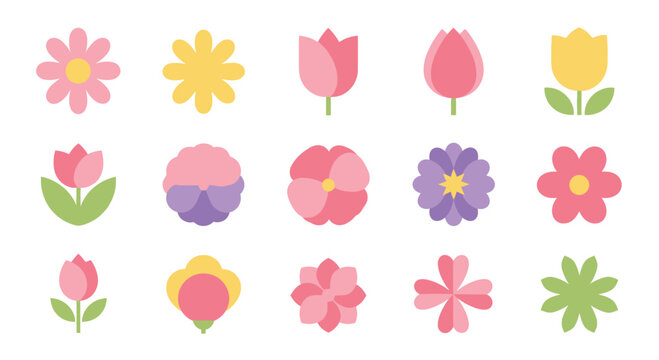 Vibrant spring flower icons collection featuring tulips daisies and pansies in flat vector style