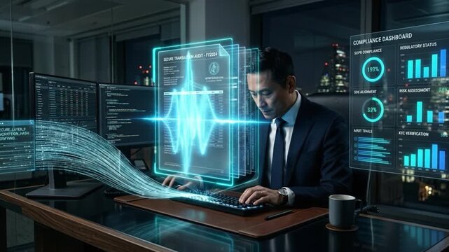 Businessman working with futuristic holographic data screens and digital cybersecurity compliance dashboard in modern office at night showcasing advanced technology and data analysis