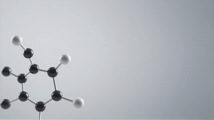 Obraz premium Minimalist 3D molecular structure with black and white atoms on a neutral gray backdrop. Professional scientific model ideal for chemistry research and biotechnology concepts