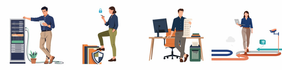 Fototapeta premium Flat vector illustrations depicting information technology professionals managing servers, data security, office workflows, and network infrastructure for business solutions.